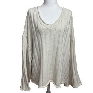 Rolled Hem V-Neck Women's Sweater Ribbed Knit Oversized Casual Cozy Plus Sz 3X